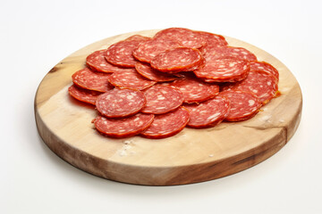 Obraz premium Fresh pepperoni sausage on cutting board