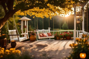 bench in the park ,Walkout deck with patio area and garden swing .