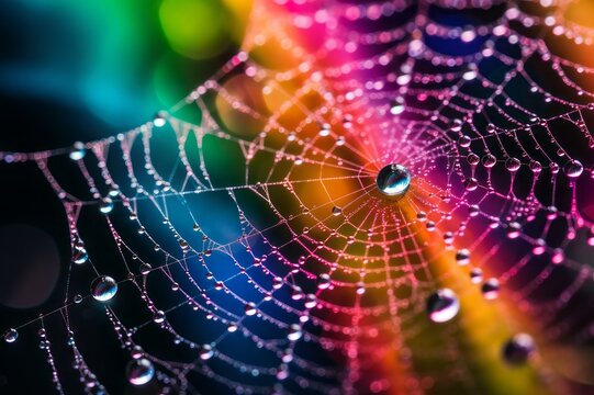 Spider web close up shot with tiny dew drops in front of vibrant colorful background. 