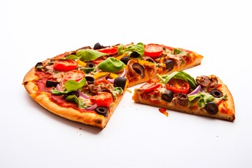 A hot slice of vegan pizza on a white background. Generated AI