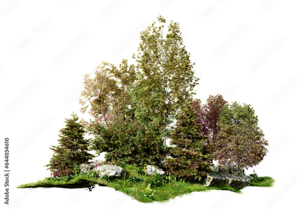 Poster isolated small autumn forest, 3d illustrations rendering