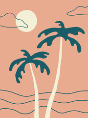 Hand Drawn Tropical Island Vector Illustration. Sunset on the Beach with Palm Trees and Sea. Beach Vibe.