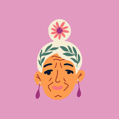 Portrait of senior woman with flowers. Avatar of grandmother female character. Vector for postcard, poster, social network. Concept of mental health and psychology.