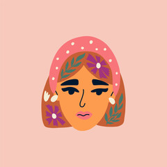 Portrait of woman with Hairband and flowers. Avatar of European female character. Vector for postcards, posters, social network. Woman mental health.