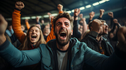 Obraz premium Excited fan in sportswear with raised hands is watching a football match.