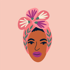 African american woman in african kente and flowers. Concept of mental health and psychology. Black Lives Matters. Vector illustration for postcards, posters, social network.