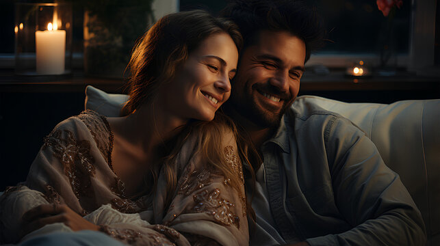 Happy Young Couple Hugging And Looking At Each Other While Sitting On Sofa At Night