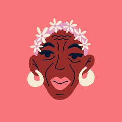 Portrait beautiful African american senior woman with chamomile. Avatar of African old female character isolated on background. Mental health. Vector for postcards, posters, social network.