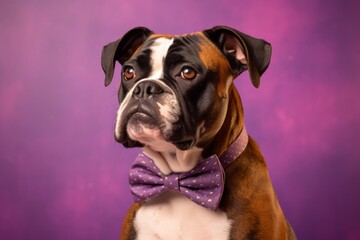 Medium shot portrait photography of a cute boxer dog wearing a cute bow tie against a vibrant purple background. With generative AI technology