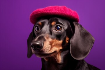 Medium shot portrait photography of a funny dachshund wearing a beret against a vibrant purple background. With generative AI technology