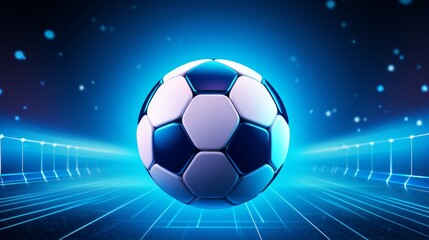 An illustration of a luminous background for a football championship. This vector artwork portrays an abstract, brightly glowing soccer ball in neon colors against a backdrop