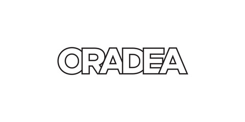 Oradea in the Romania emblem. The design features a geometric style, vector illustration with bold typography in a modern font. The graphic slogan lettering.