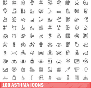 100 asthma icons set. Outline illustration of 100 asthma icons vector set isolated on white background