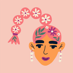 Portrait of young girl with flowers. Avatar of European woman character. Vector illustration for postcards, posters, social network. Concept of mental health and psychology.