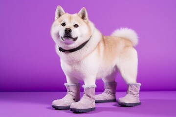 Medium shot portrait photography of a funny akita wearing a pair of booties against a vibrant purple background. With generative AI technology