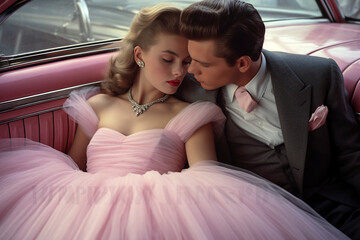 Generative AI illustration of young romantic in love couple with eyes closed dressed in elegant suit and pink gown curdling each other while lying inside cozy vintage car