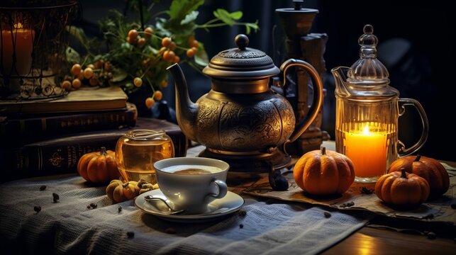 Candles and pumpkin with devices for tea drinking are on the table