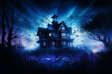 Fototapeta na wymiar a dark haunted house with lighted windows on a creepy foggy Halloween night