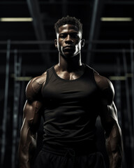 Fototapeta na wymiar Muscular african american young man in gym showing muscles, fitness model trains in the gym