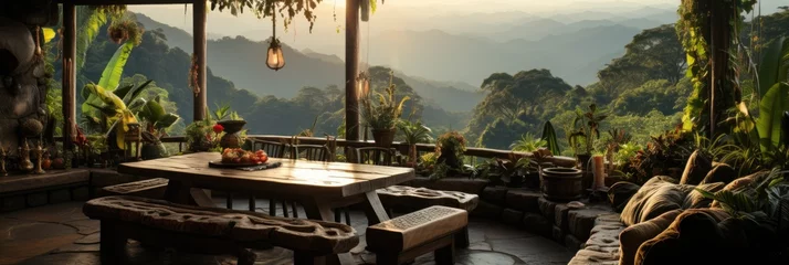 Fotobehang Amazonas Mountains Interior - Open Amazonas Dining Room Backdrop - Beautiful Bright Dining Room Outdoor Background - Amazonas Mountains Dining Room Design created with Generative AI Technology © InteriorArchitecture
