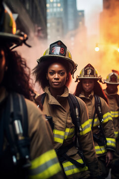 Generative AI image of young black female firefighters lined up in uniform and helmet, looking at the camera against a blurred background