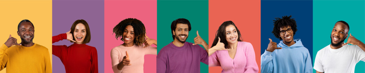 Positive multiracial millennials showing call me gesture, collage