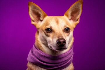 Naklejka na ściany i meble Photography in the style of pensive portraiture of a cute norwegian lundehund wearing a bandana against a vibrant purple background. With generative AI technology