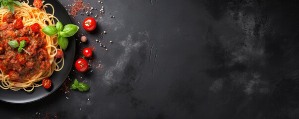 Traditional pasta spaghetti bolognese in  plate on black table, dark background.