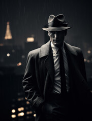 Old fashioned detective in a hat on a night city background, black and white