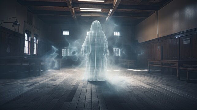 Floating Ghost in a Asylum Halloween Dark Film Grain Analogue Aesthetic Gothic Building with Ghost Hunters Camera Flash