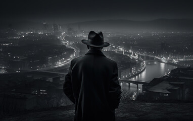 Old fashioned detective in a hat on a night city background, black and white