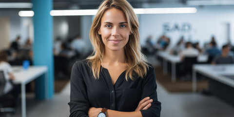 Portrait of a smiling blonde business woman with arms crossed in the office