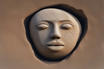 An abstract round stone with a human face lies in the smooth sand
