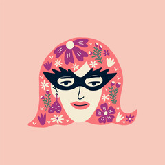 Portrait of woman with fancy glasses and flowers. Avatar of European female character. Vector for postcards, posters, social network. Woman mental health.