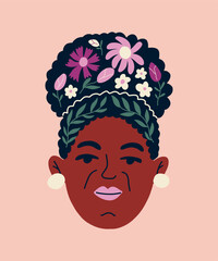 Body positive portrait beautiful African american woman with flowers. Avatar of Black female character isolated on background. Vector for postcards, posters, social network. Mental health.