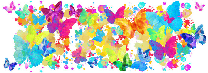 abstract colorful background with butterfly, flowers, splashes. Holiday, birthday, Valentines day illustration.