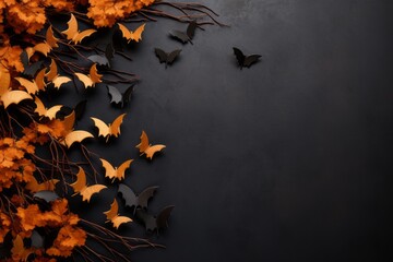 Halloween background. Flock of black bats and branch of dry orange flowers for Halloween. Black paper bat silhouettes on brown or dark background. autumn decoration. Halloween concept. top view