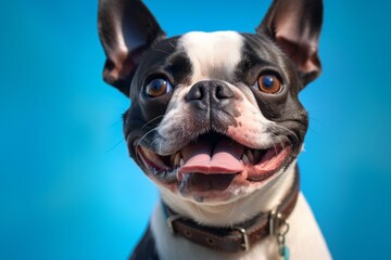 Close-up portrait photography of a happy boston terrier wearing a spiked collar against a turquoise blue background. With generative AI technology