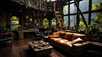 Beautiful Gaming Room Interior Backdrop - Gaming Room Interior Design in the Style of Amazonas Mountains - Gaming Room in the Amazonas Mountains Background created with Generative AI Technology