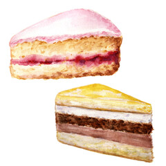 Watercolor set of cake pieces in icing, isolated on white