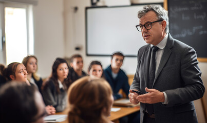 Obraz premium mature teacher talking to his student during lecture at university classroom