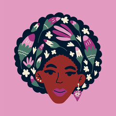 Portrait beautiful African american woman with curly hair and flowers. Avatar of African female character. Hand drawn vector illustration for postcards, posters, social network.