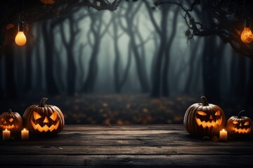 Halloween holiday concept. Empty rustic table in front of Pumpkins over wooden table at night scary, haunted and misty forest