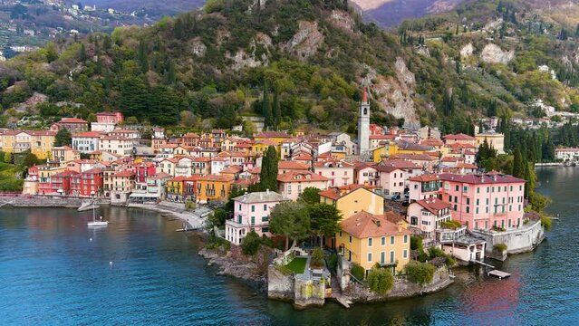 Aerial beautiful waterfront view of Varenna town, Lake Como, Lombardy, Italy