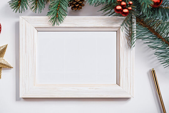 White wood horizontal frame with christmas tree