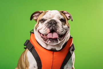 Headshot portrait photography of a smiling bulldog wearing a life jacket against a green background. With generative AI technology