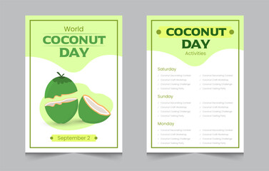 Coconut day activity invitation layout template, weekend activities a4 poster or flyer design, vector illustration eps 10