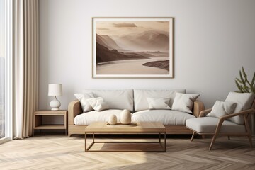 3D render of a poster frame in modern living room interior. Generative AI