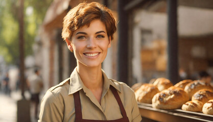 Beautiful smiling girl seller in a bakery