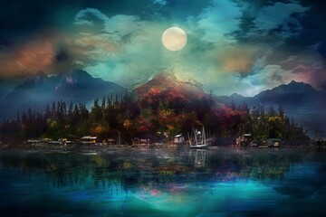 Digital artwork depicting a fantasy view of Nootka Island, Vancouver Island, Canada, featuring a cityscape. Generative AI